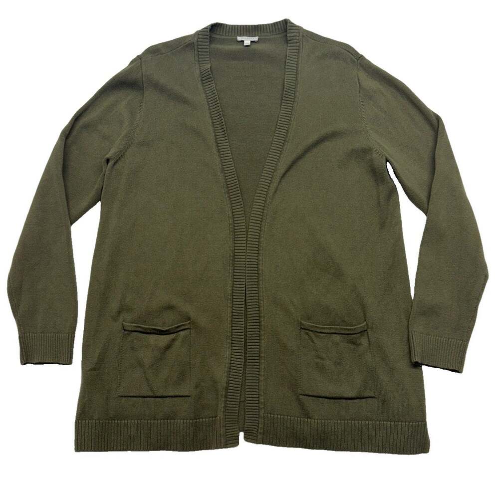 Talbots Cardigan Womens L Olive Green Longline Open Front Pockets 100% Cotton